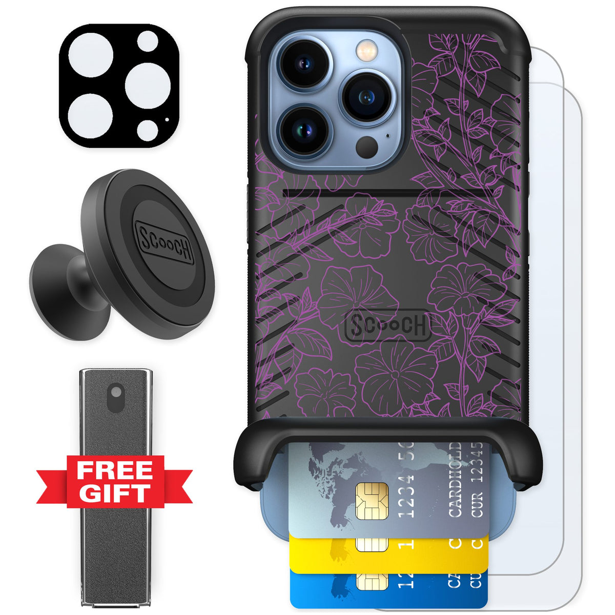 Scooch Wingmate Purple Petunias for iPhone 13 Pro — Defender Bundle