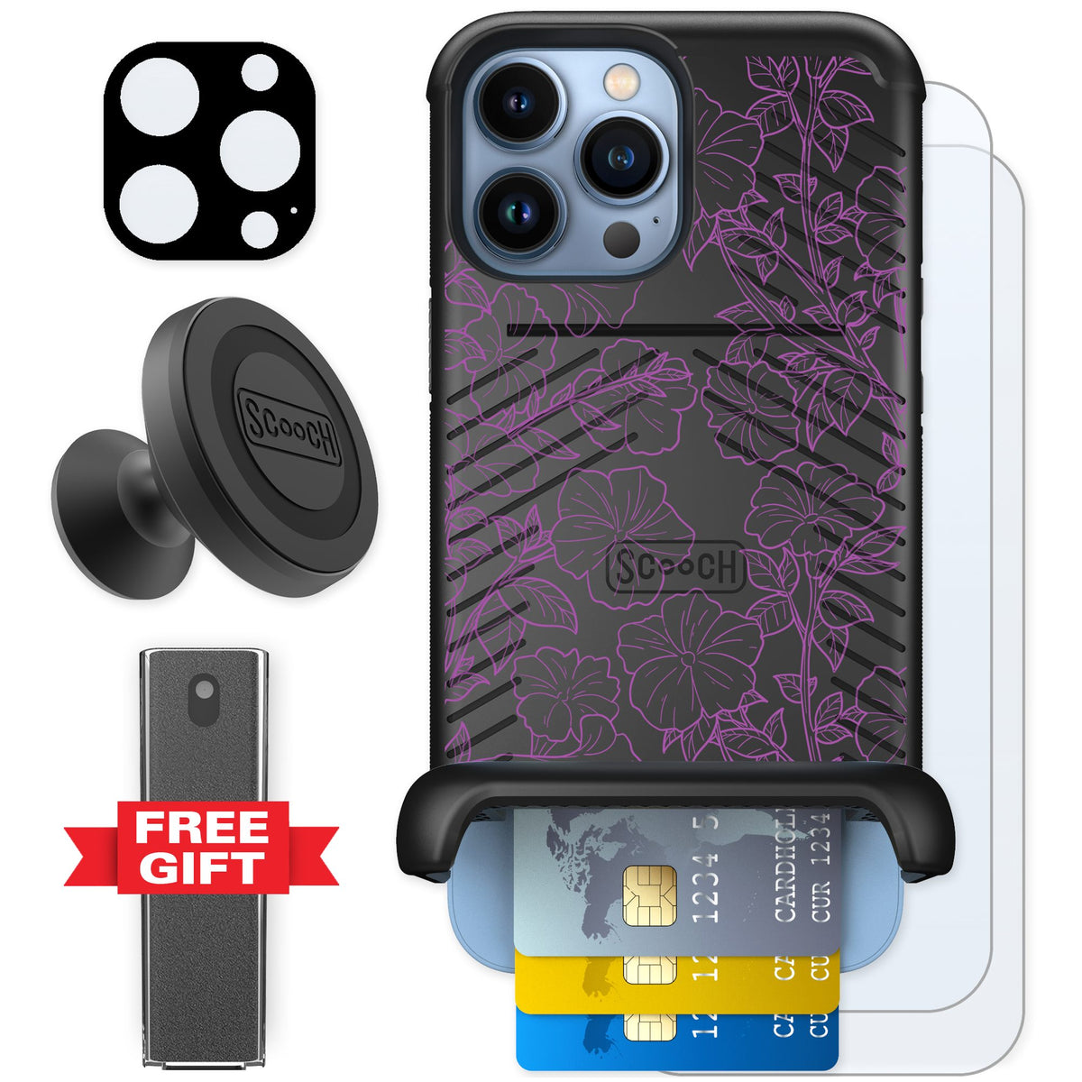 Scooch Wingmate Purple Petunias for iPhone 13 Pro Max — Defender Bundle