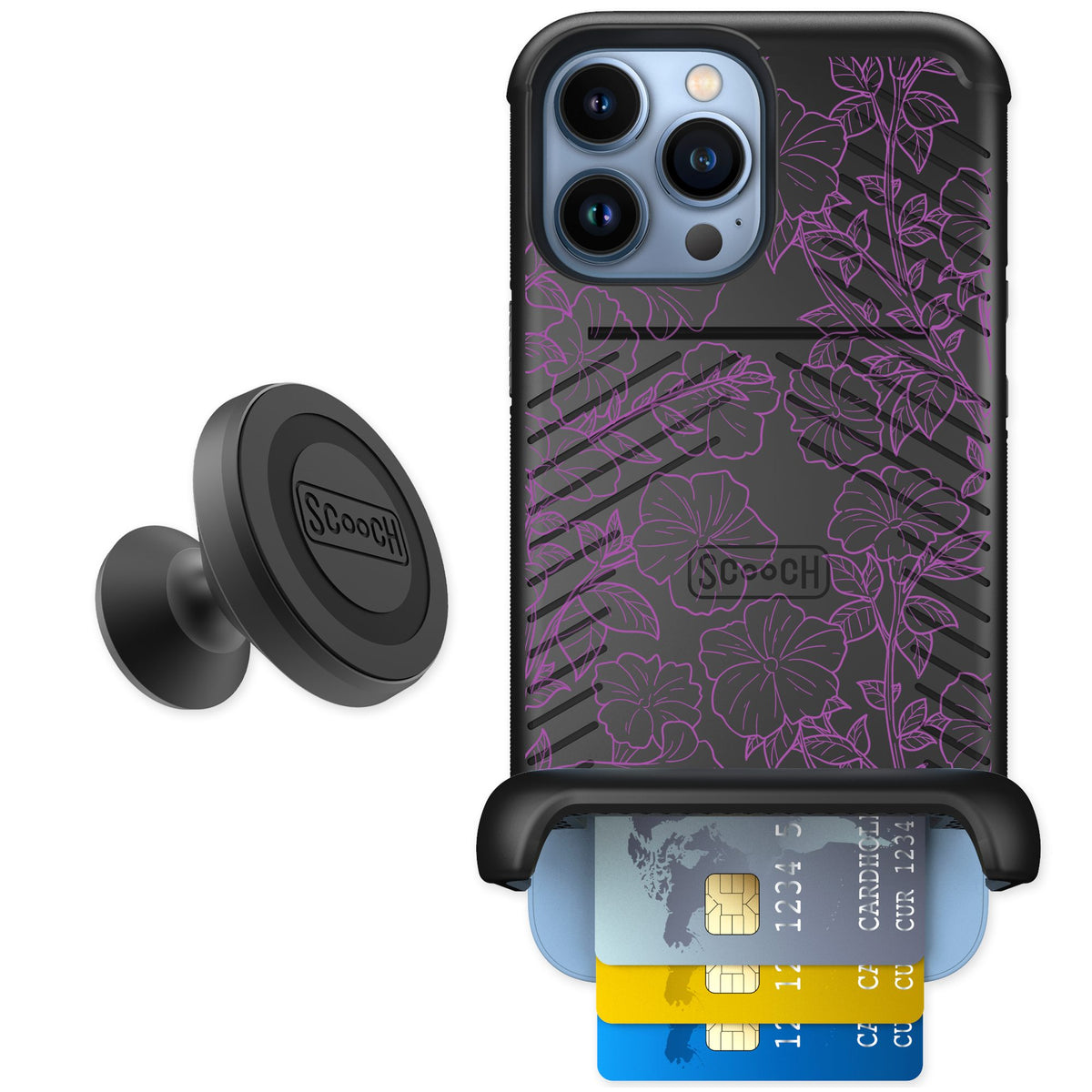 Scooch Wingmate Purple Petunias for iPhone 13 Pro Max — Starter Bundle