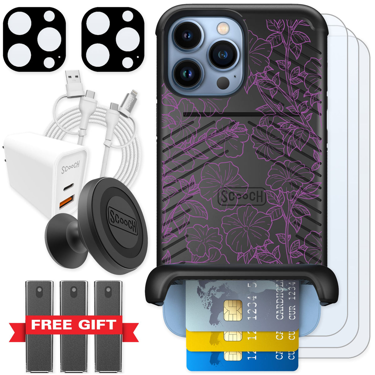 Scooch Wingmate Purple Petunias for iPhone 13 Pro Max — Ultimate Bundle