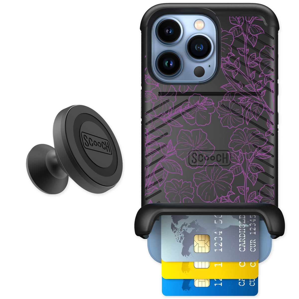 Scooch Wingmate Purple Petunias for iPhone 13 Pro — Starter Bundle