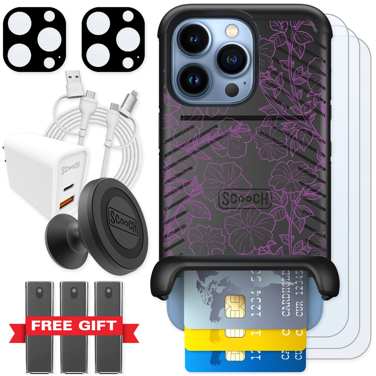Scooch Wingmate Purple Petunias for iPhone 13 Pro — Ultimate Bundle