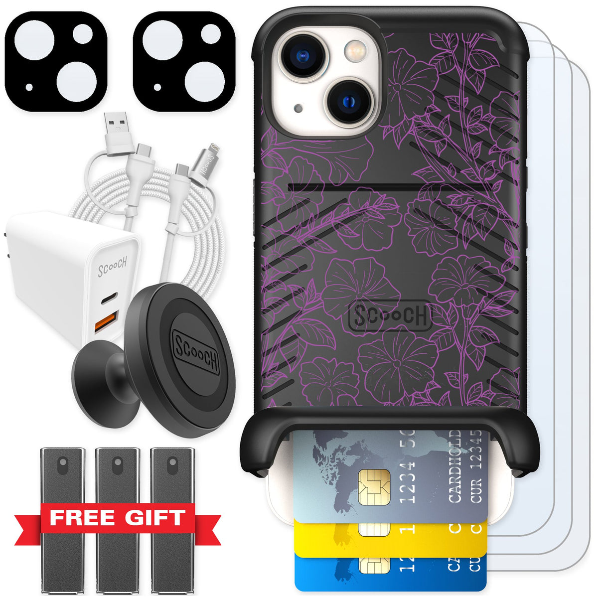 Scooch Wingmate Purple Petunias for iPhone 13 — Ultimate Bundle