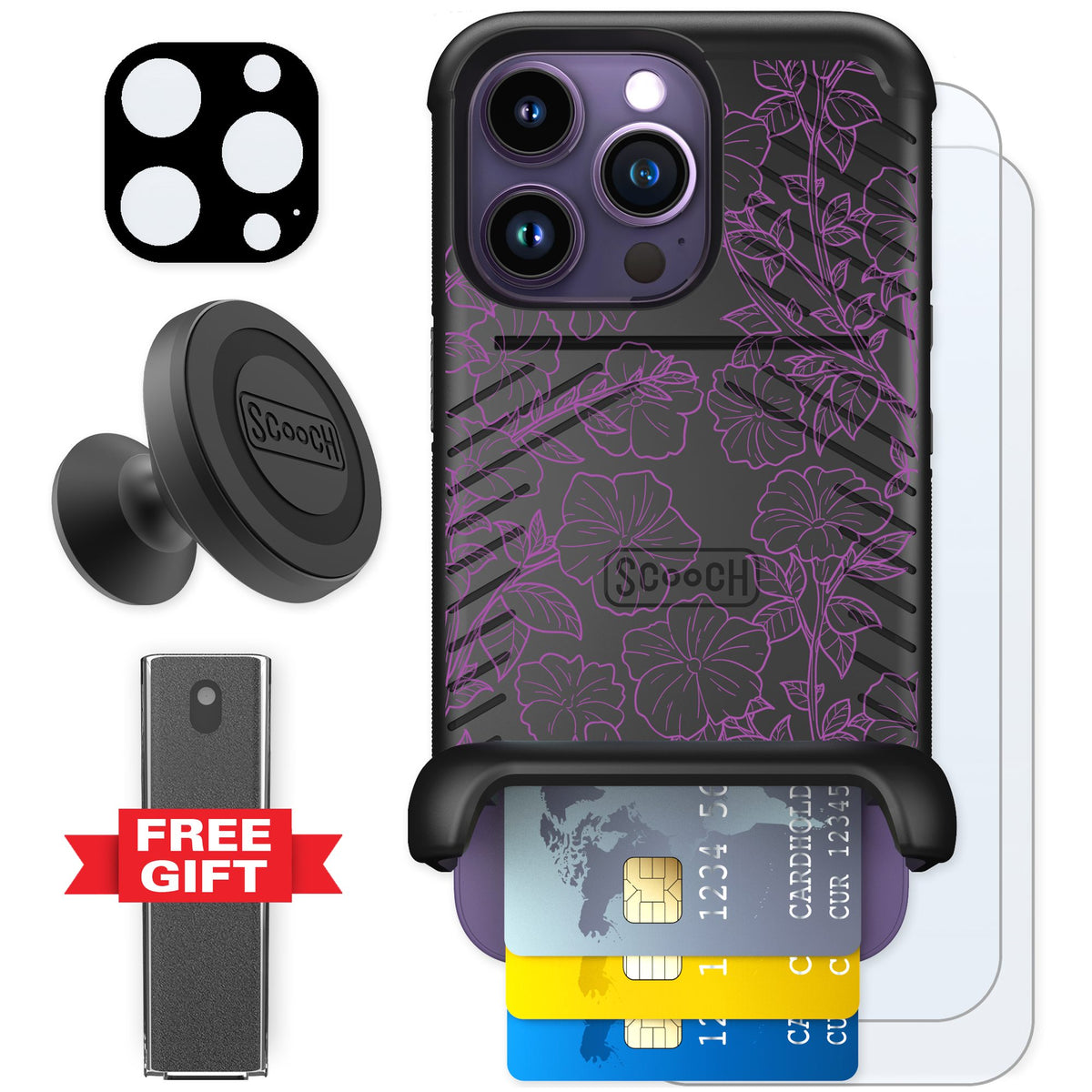 Scooch Wingmate Purple Petunias for iPhone 14 Pro — Defender Bundle