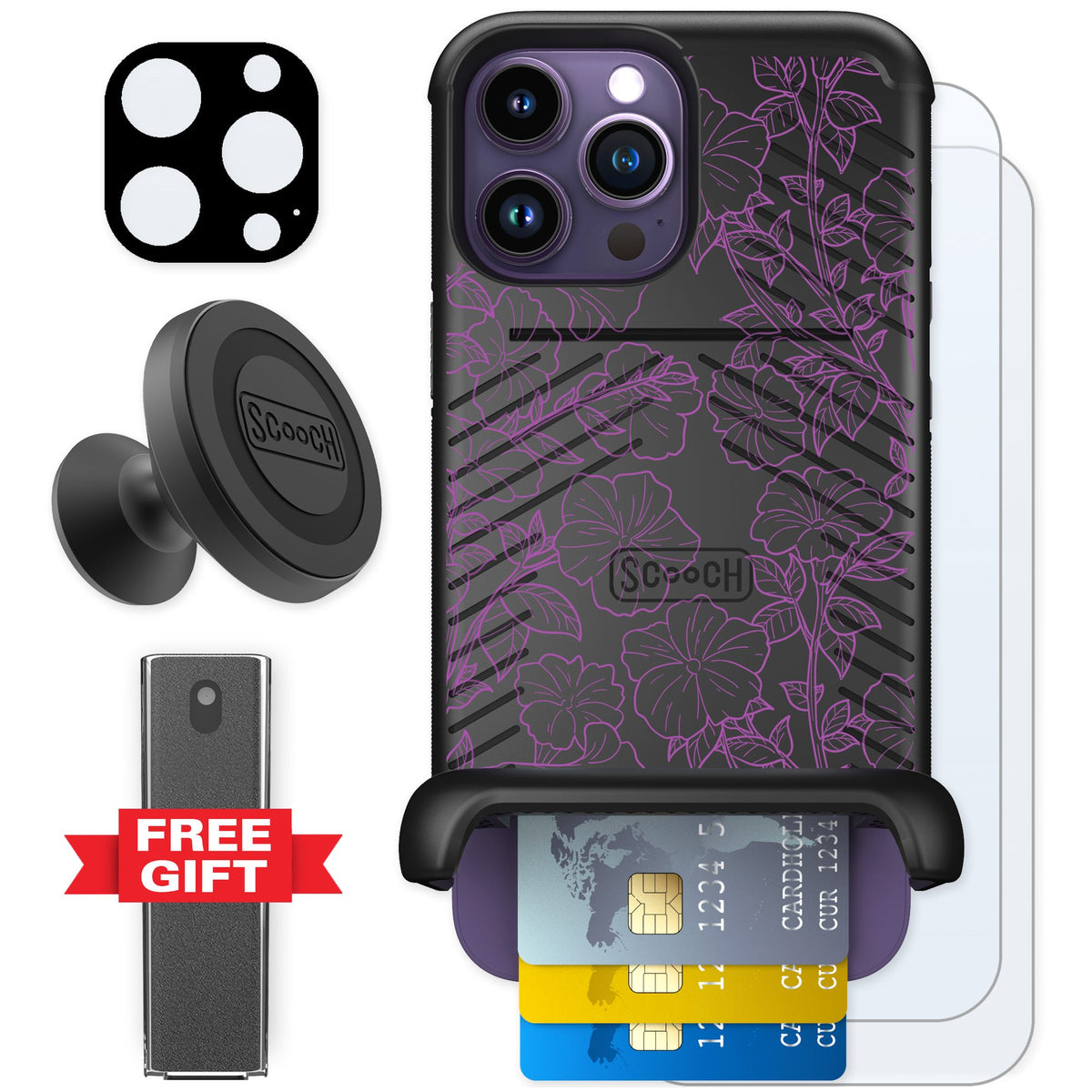 Scooch Wingmate Purple Petunias for iPhone 14 Pro Max — Defender Bundle
