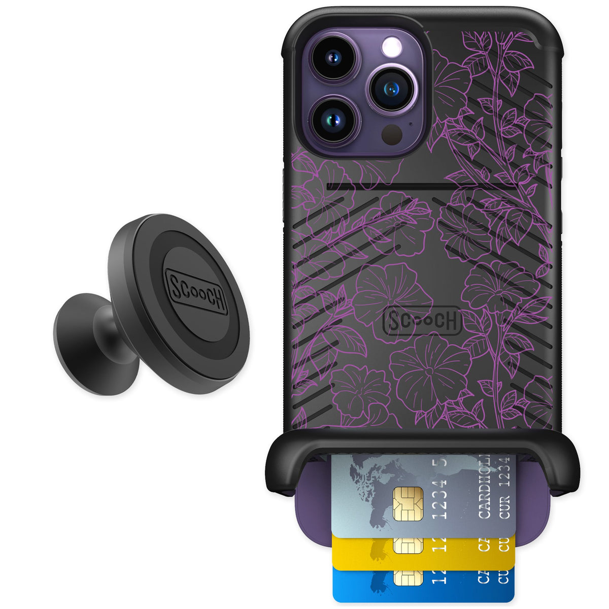 Scooch Wingmate Purple Petunias for iPhone 14 Pro Max — Starter Bundle
