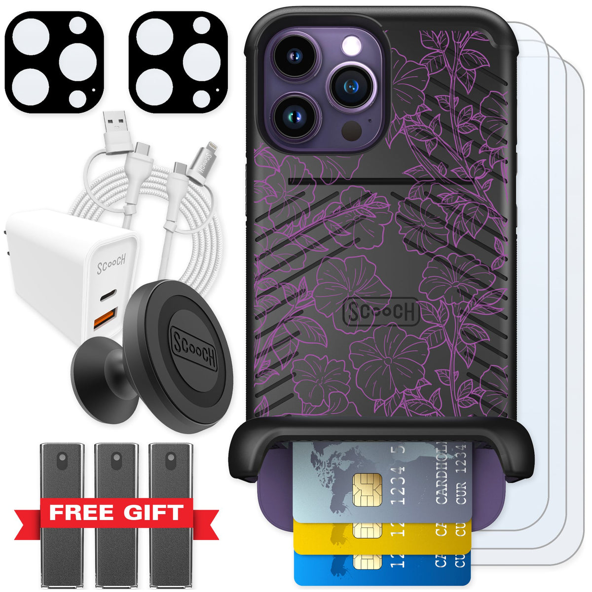 Scooch Wingmate Purple Petunias for iPhone 14 Pro Max — Ultimate Bundle