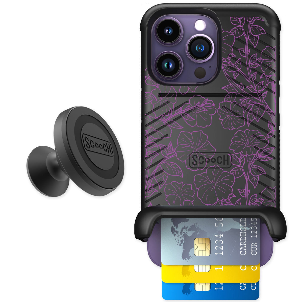 Scooch Wingmate Purple Petunias for iPhone 14 Pro — Starter Bundle