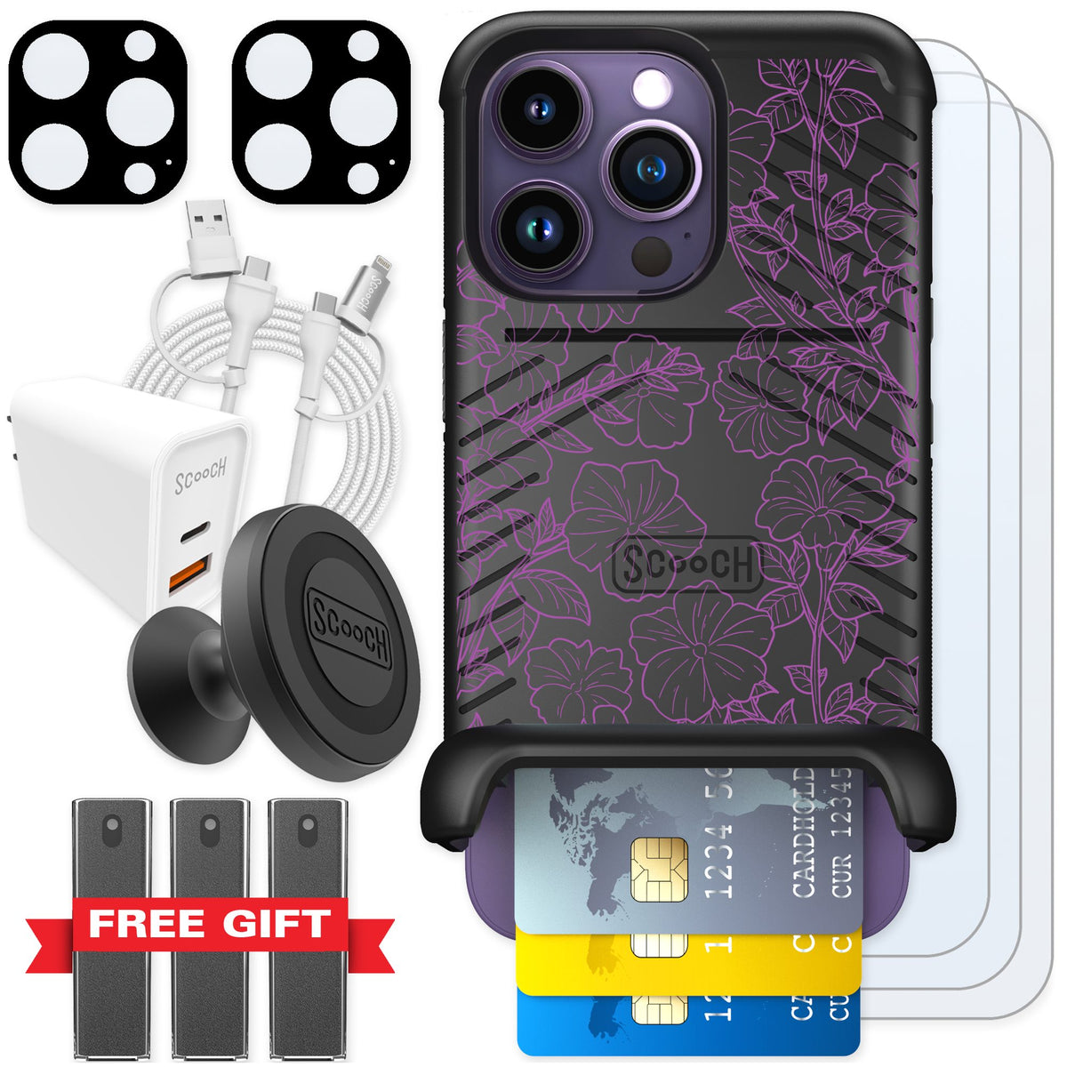 Scooch Wingmate Purple Petunias for iPhone 14 Pro — Ultimate Bundle