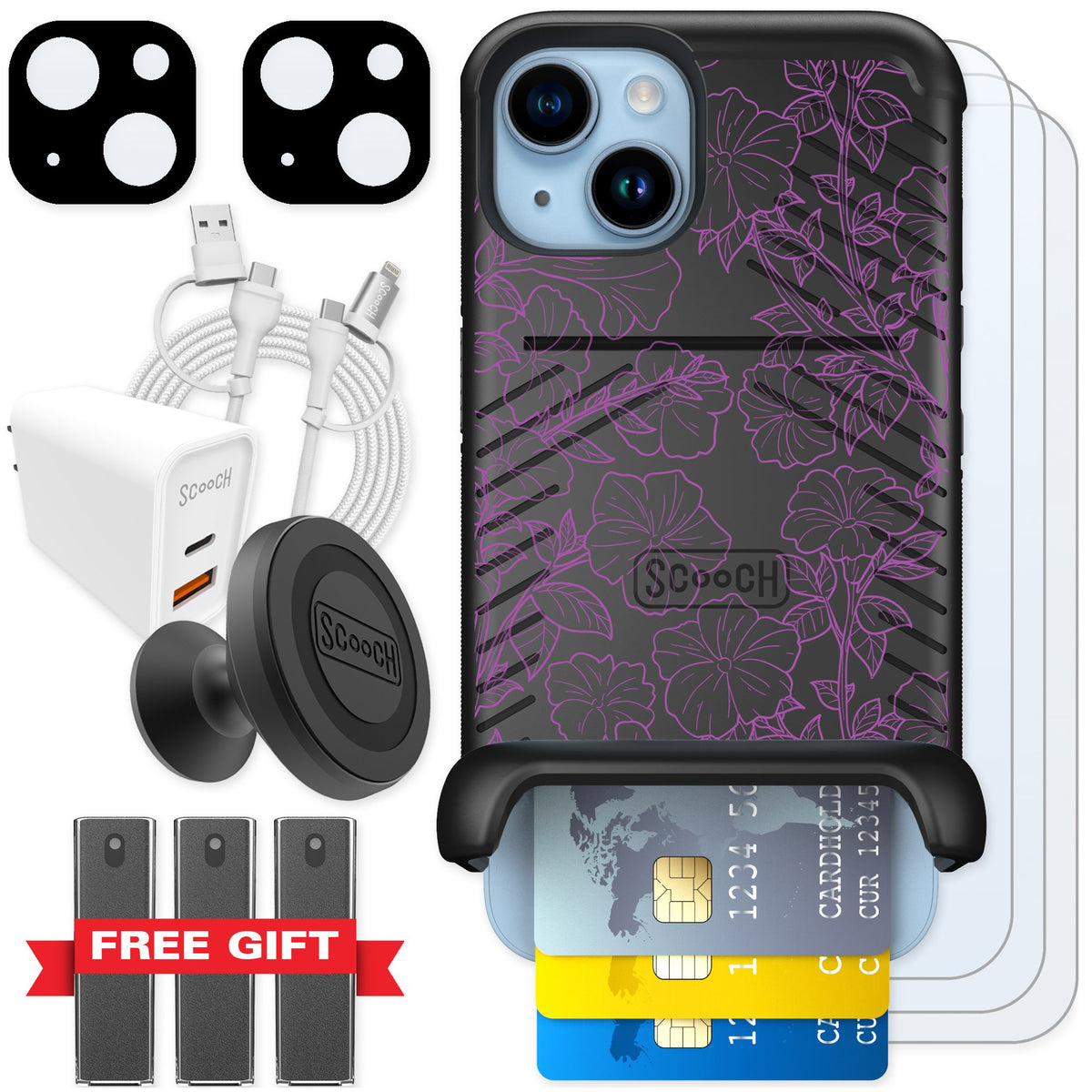 Scooch Wingmate Purple Petunias for iPhone 14 — Ultimate Bundle