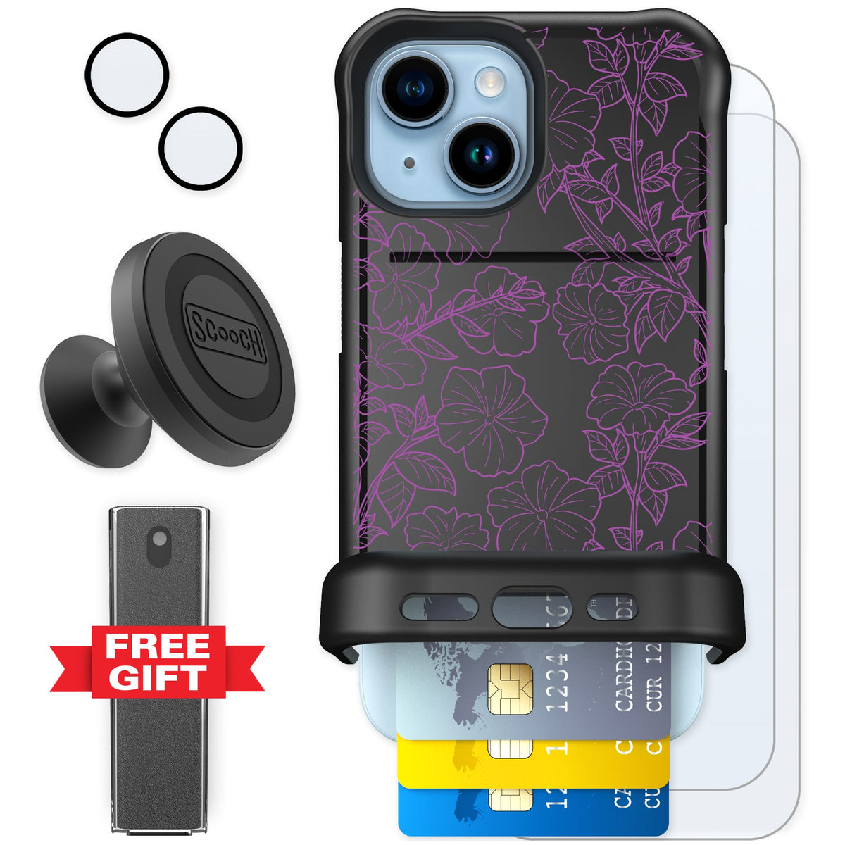 Scooch Wingmate Purple Petunias for iPhone 15 — Defender Bundle