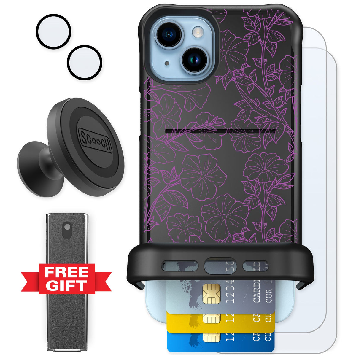 Scooch Wingmate Purple Petunias for iPhone 14 Plus — Defender Bundle
