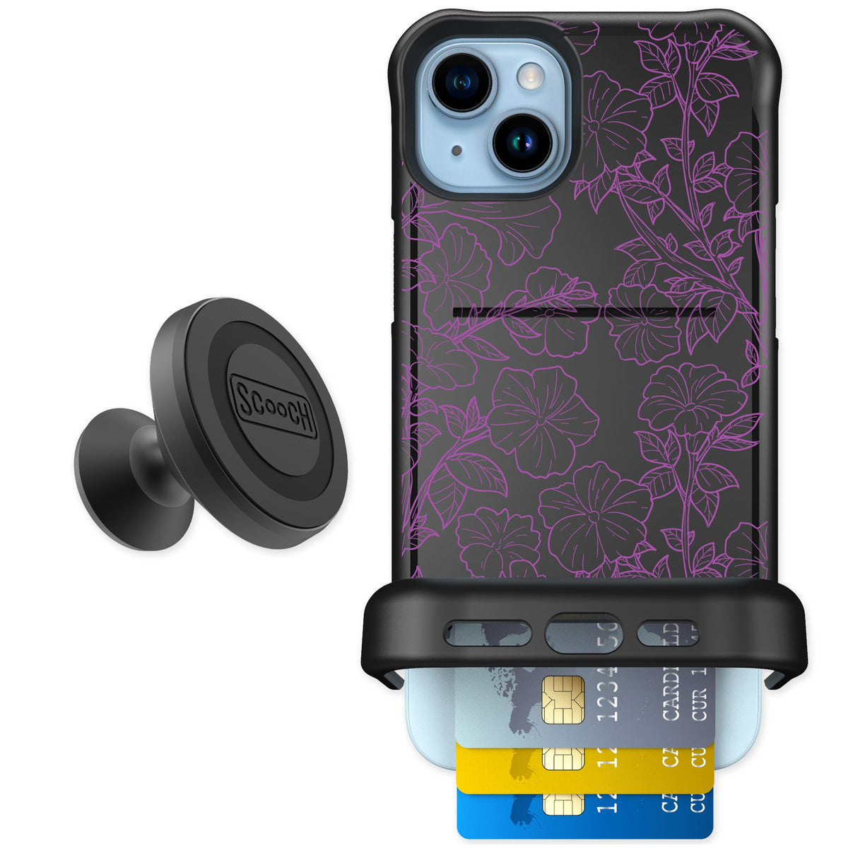 Scooch Wingmate Purple Petunias for iPhone 14 Plus — Starter Bundle