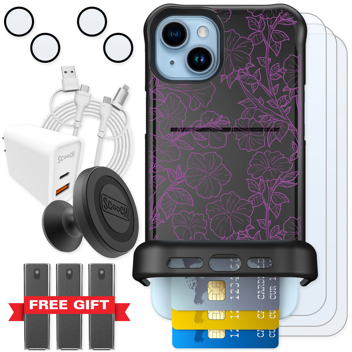 Scooch Wingmate Purple Petunias for iPhone 14 Plus — Ultimate Bundle