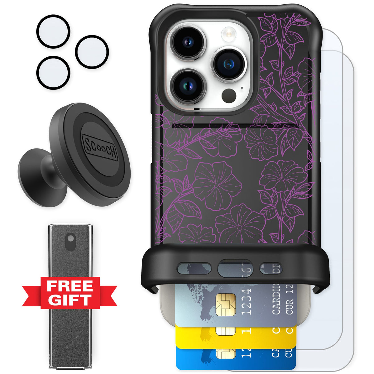 Scooch Wingmate Purple Petunias for iPhone 15 Pro — Defender Bundle