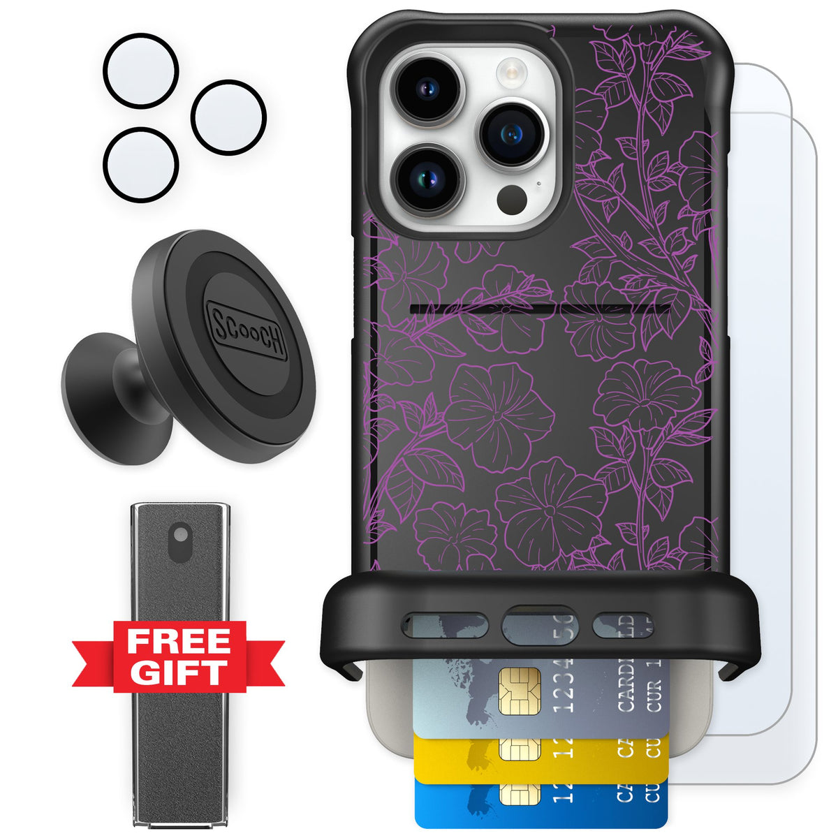 Scooch Wingmate Purple Petunias for iPhone 15 Pro Max — Defender Bundle