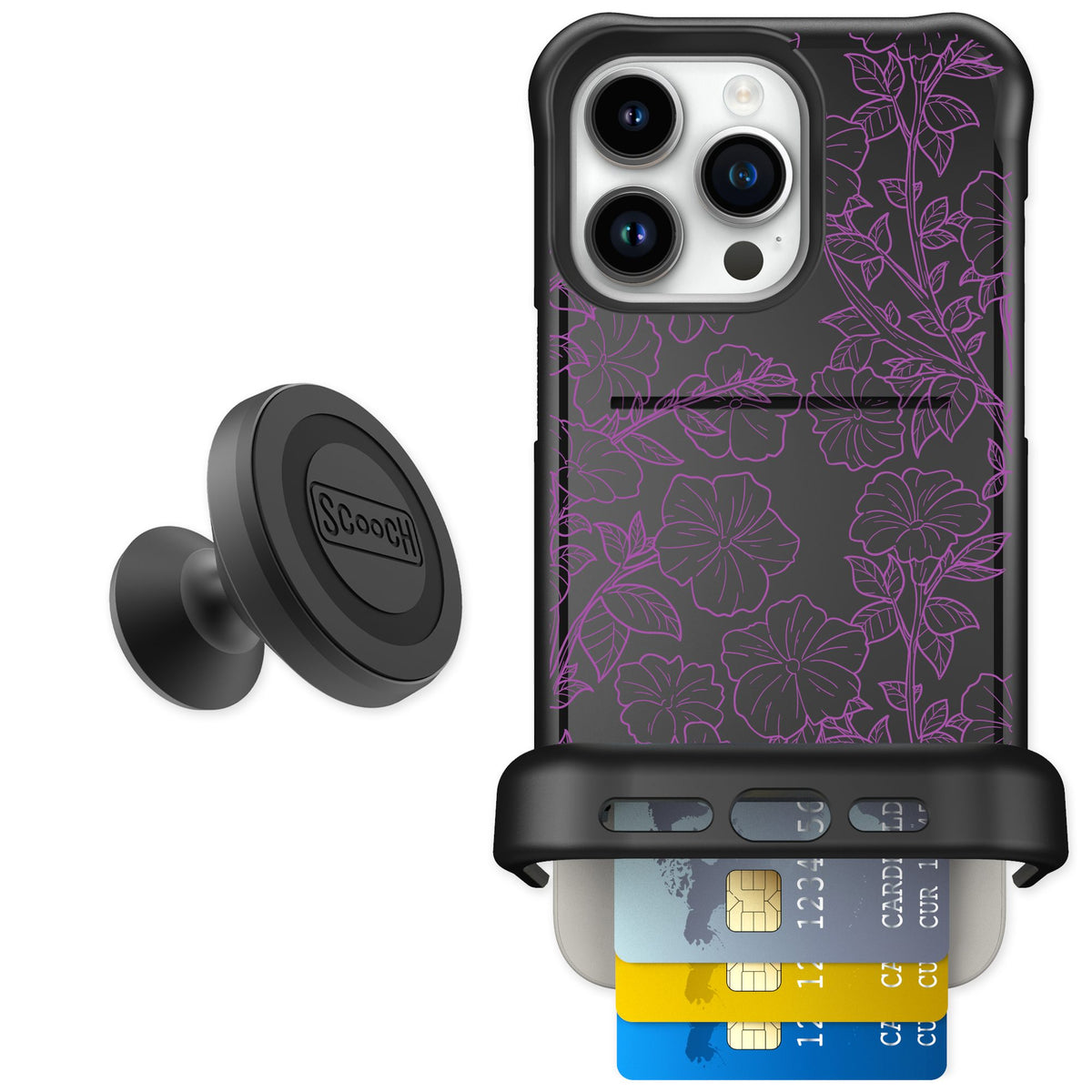 Scooch Wingmate Purple Petunias for iPhone 15 Pro Max — Starter Bundle