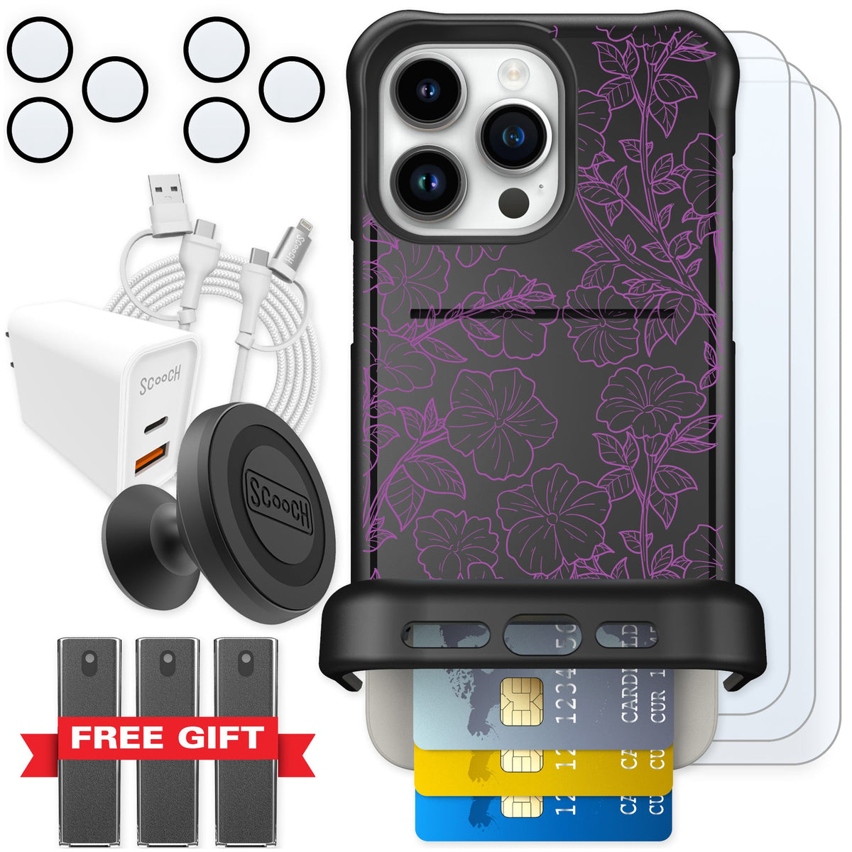 Scooch Wingmate Purple Petunias for iPhone 15 Pro Max — Ultimate Bundle