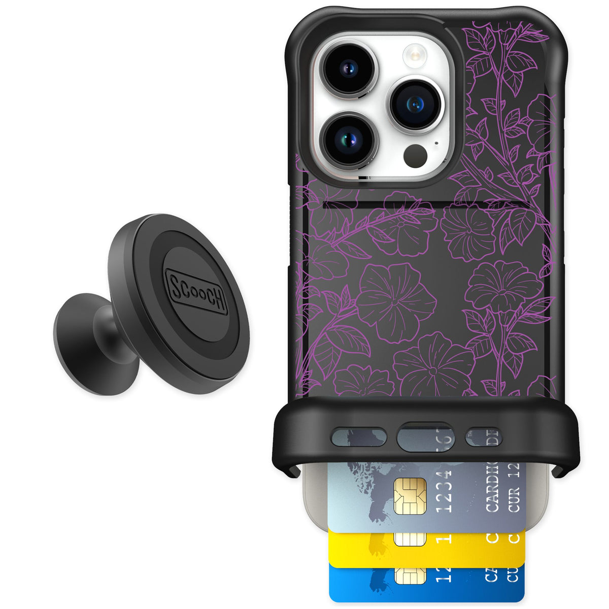Scooch Wingmate Purple Petunias for iPhone 15 Pro — Starter Bundle