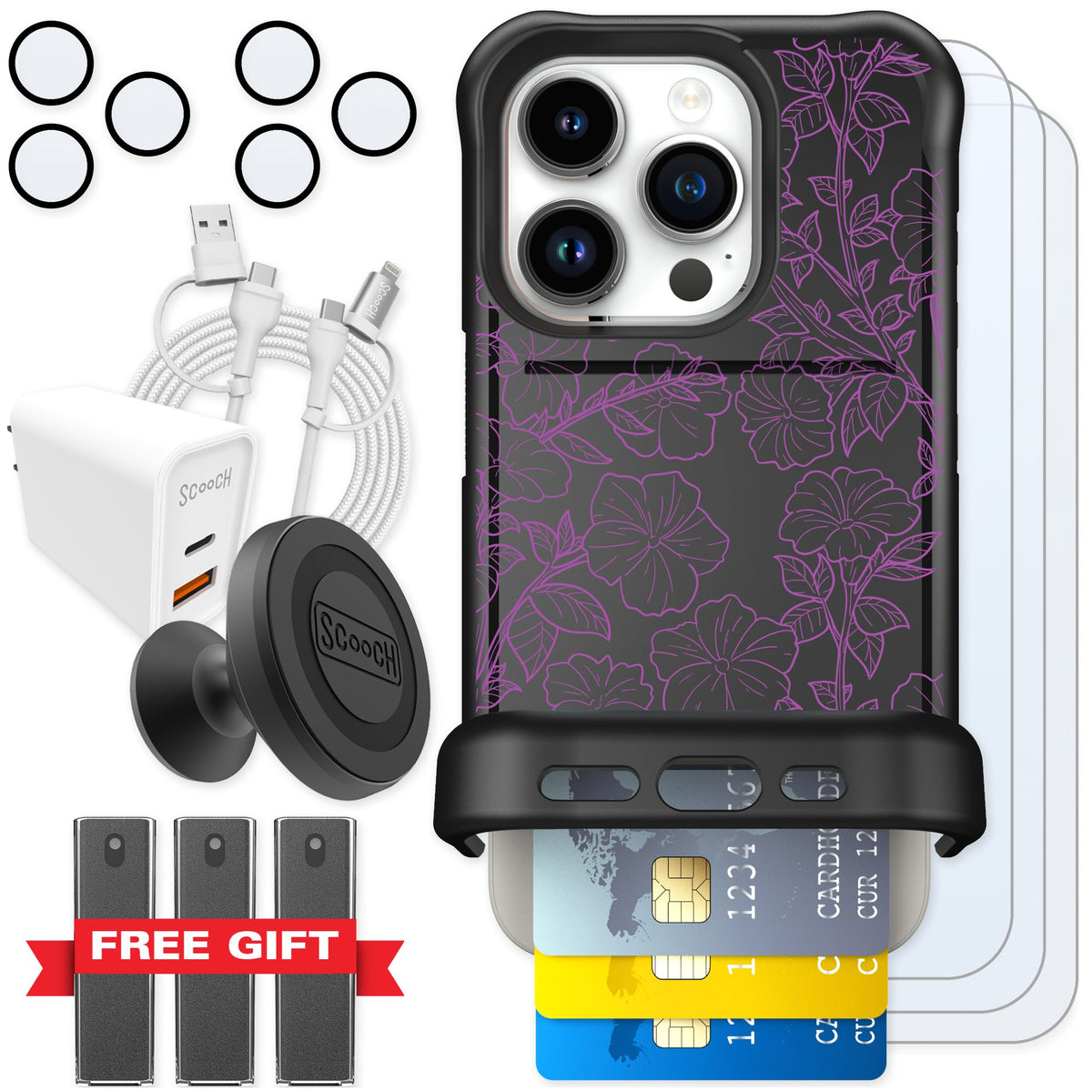 Scooch Wingmate Purple Petunias for iPhone 15 Pro — Ultimate Bundle