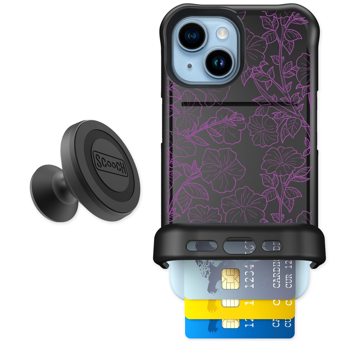 Scooch Wingmate Purple Petunias for iPhone 15 — Starter Bundle