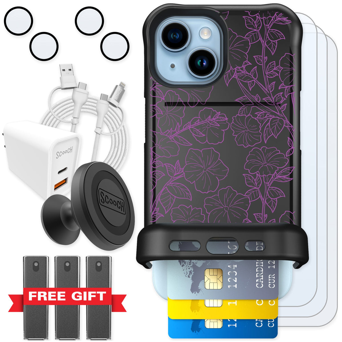 Scooch Wingmate Purple Petunias for iPhone 15 — Ultimate Bundle