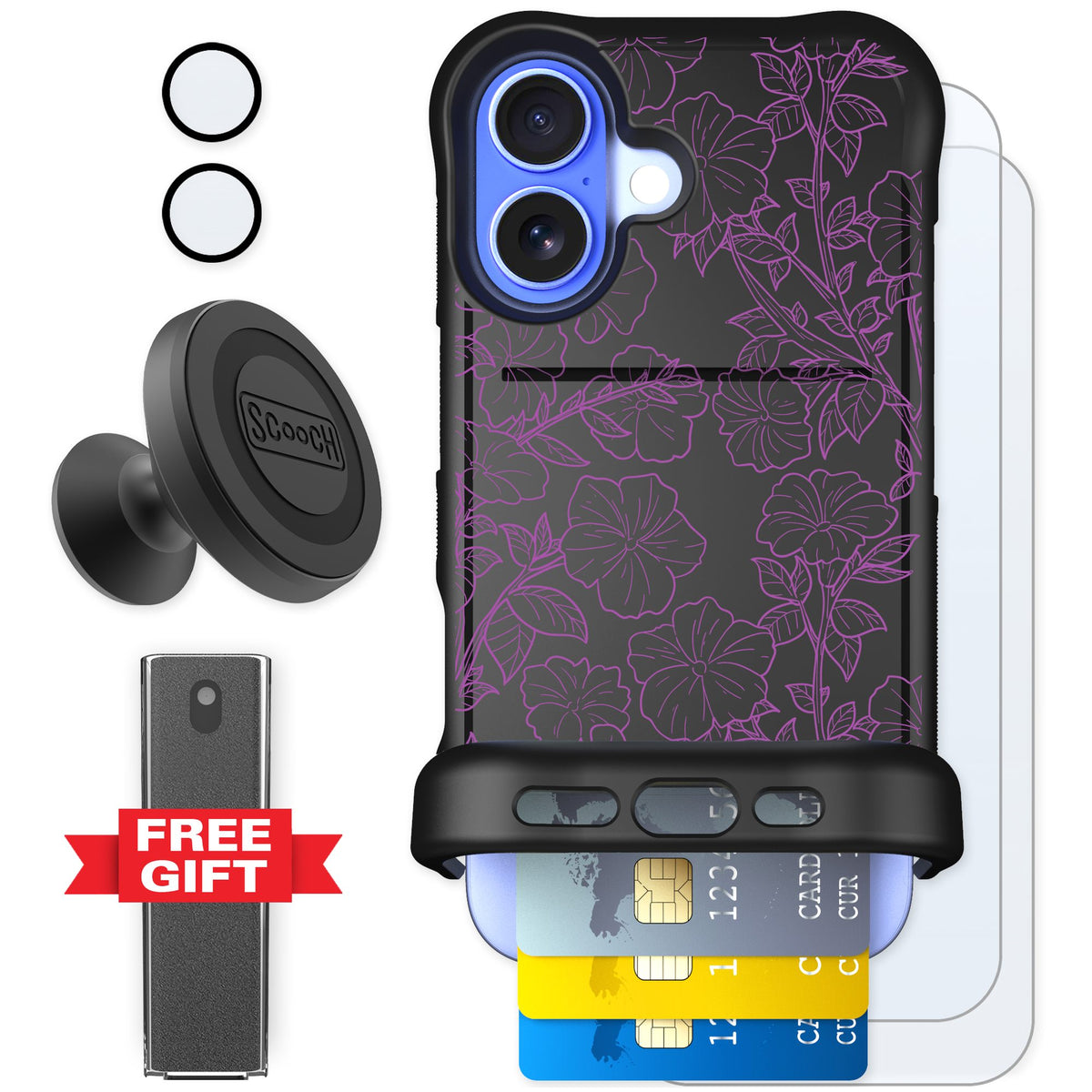 Scooch Wingmate Purple Petunias for iPhone 16 — Defender Bundle