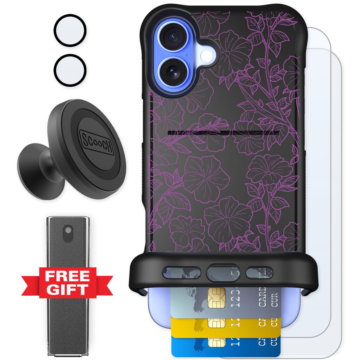Scooch Wingmate Purple Petunias for iPhone 16 Plus — Defender Bundle