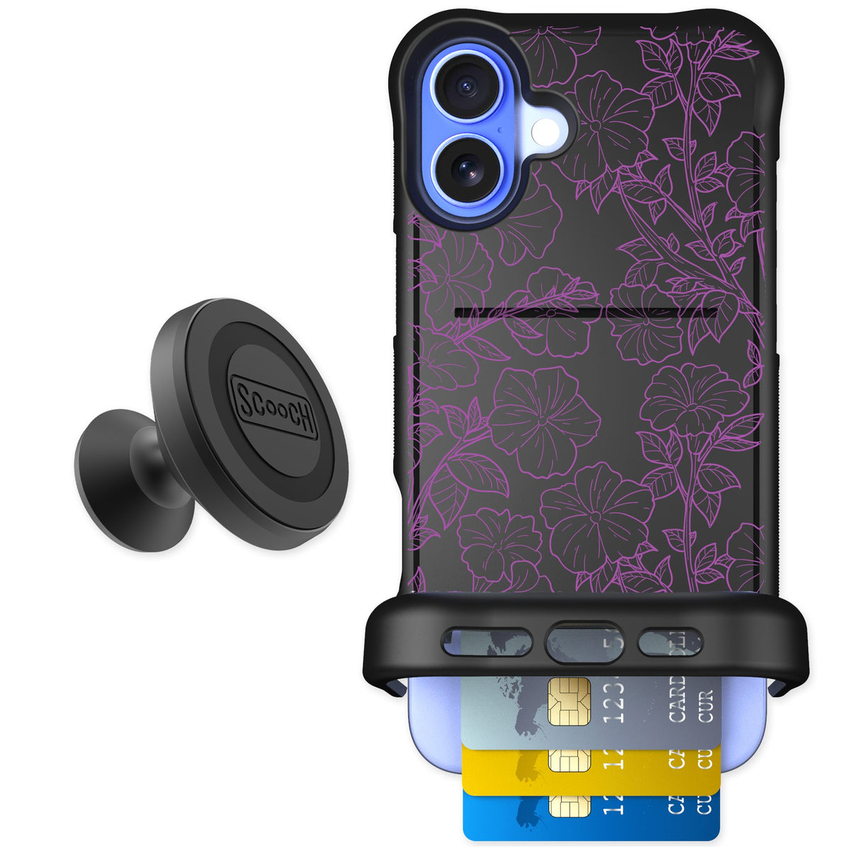 Scooch Wingmate Purple Petunias for iPhone 16 Plus — Starter Bundle