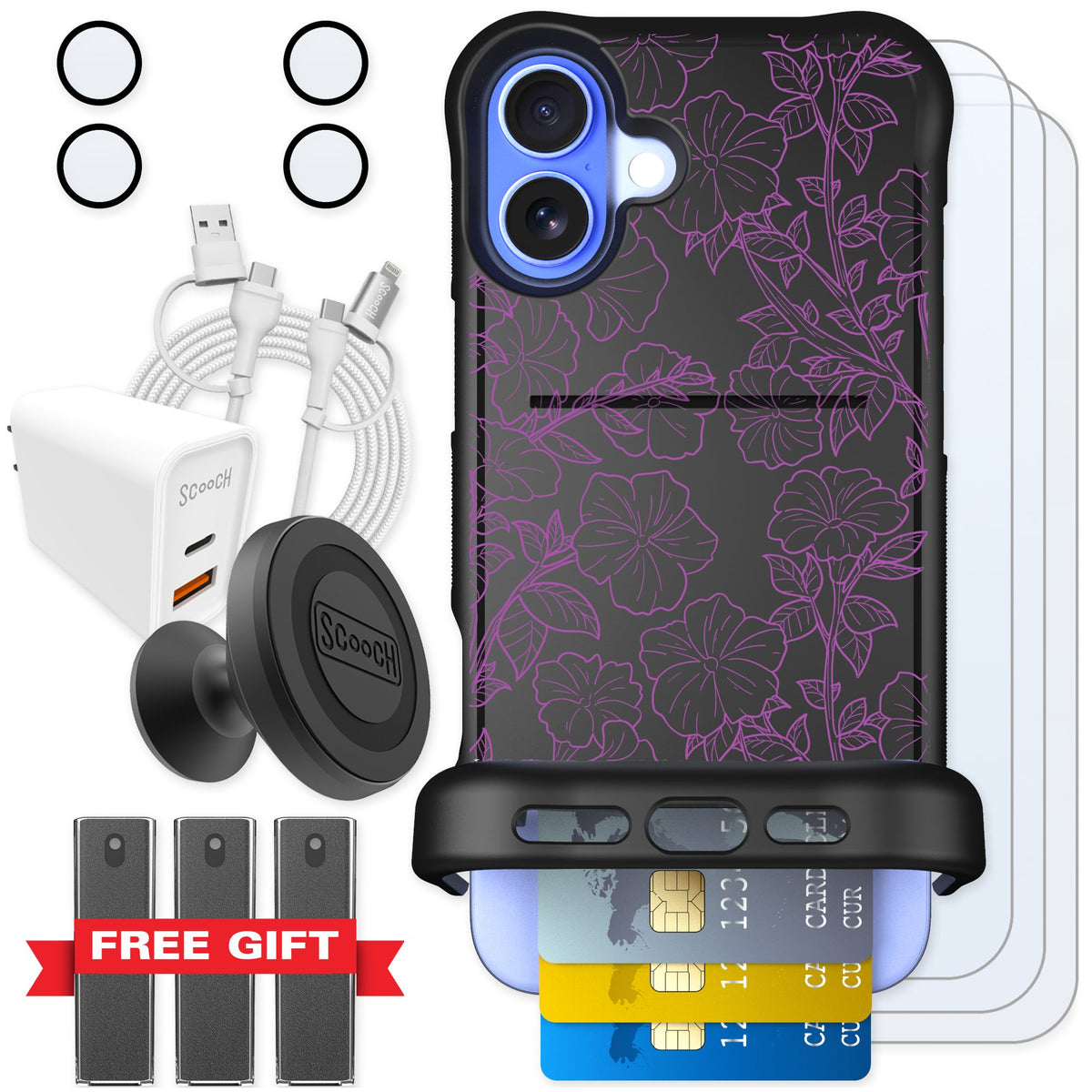Scooch Wingmate Purple Petunias for iPhone 16 Plus — Ultimate Bundle