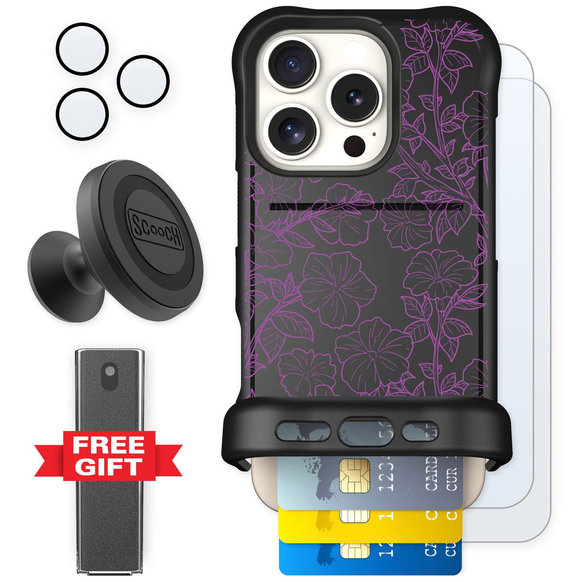 Scooch Wingmate Purple Petunias for iPhone 16 Pro — Defender Bundle