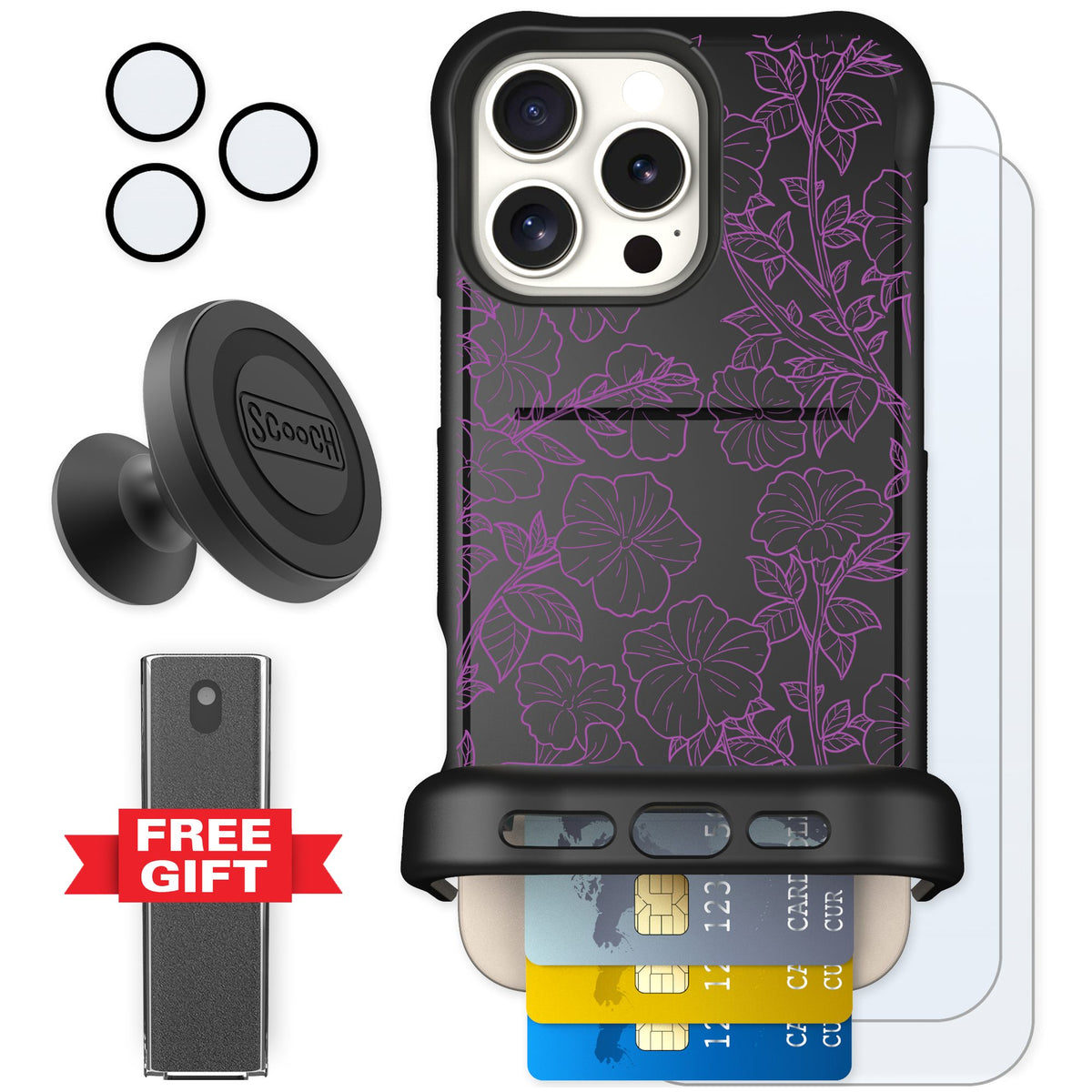 Scooch Wingmate Purple Petunias for iPhone 16 Pro Max — Defender Bundle