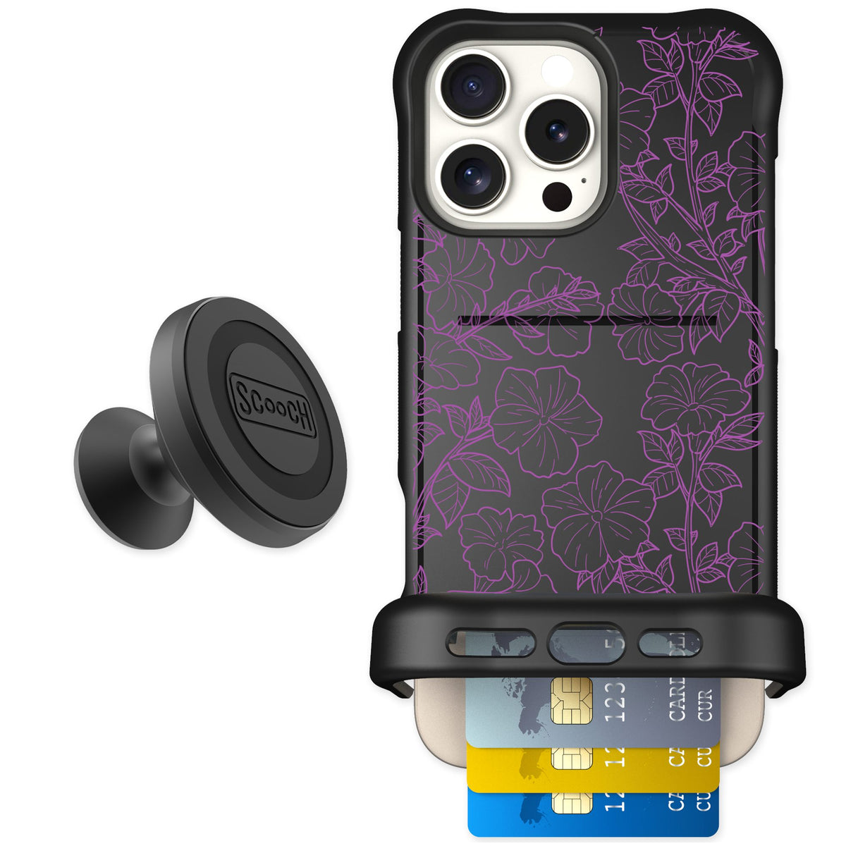 Scooch Wingmate Purple Petunias for iPhone 16 Pro Max — Starter Bundle
