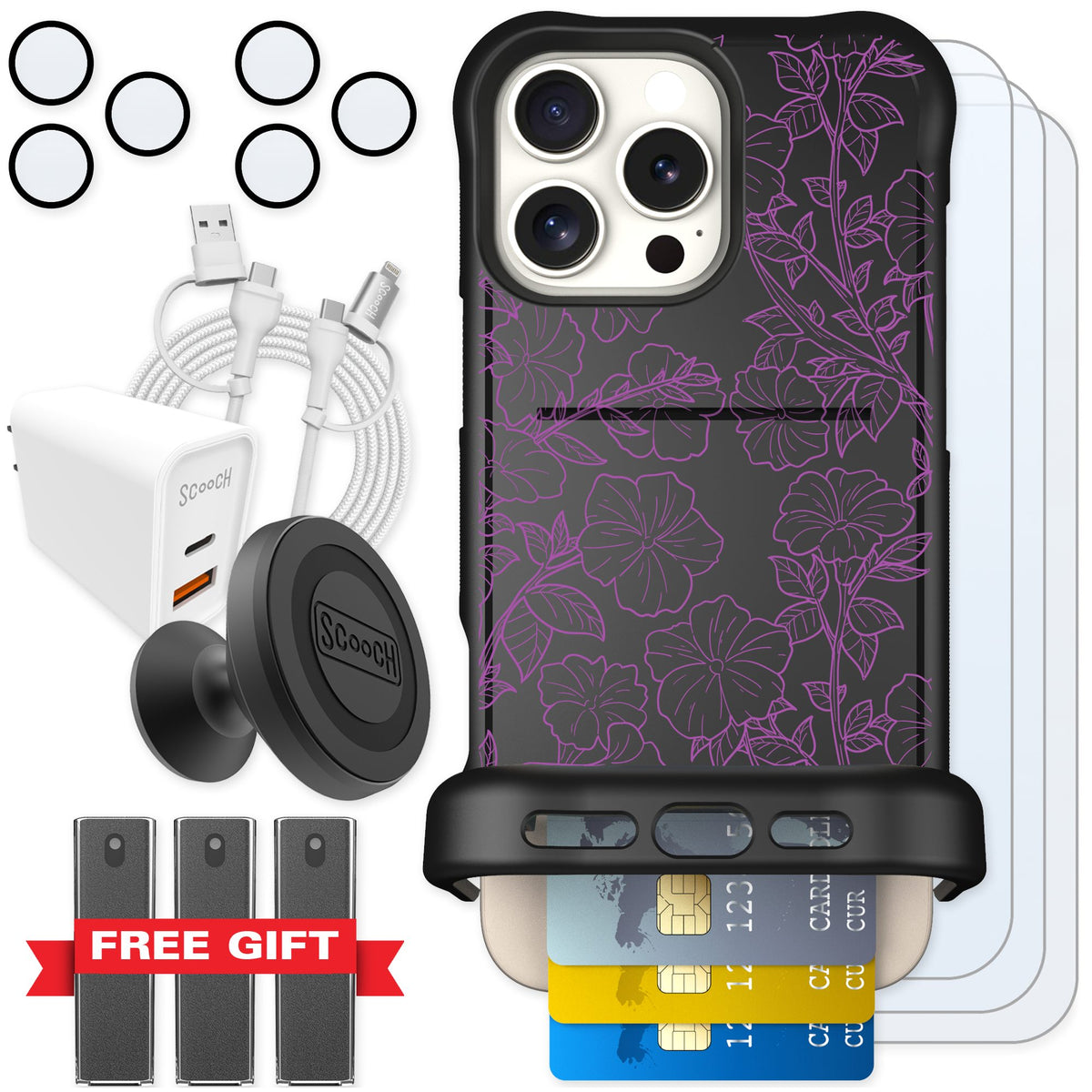Scooch Wingmate Purple Petunias for iPhone 16 Pro Max — Ultimate Bundle