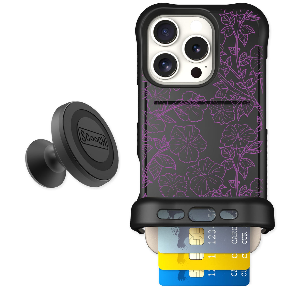 Scooch Wingmate Purple Petunias for iPhone 16 Pro — Starter Bundle
