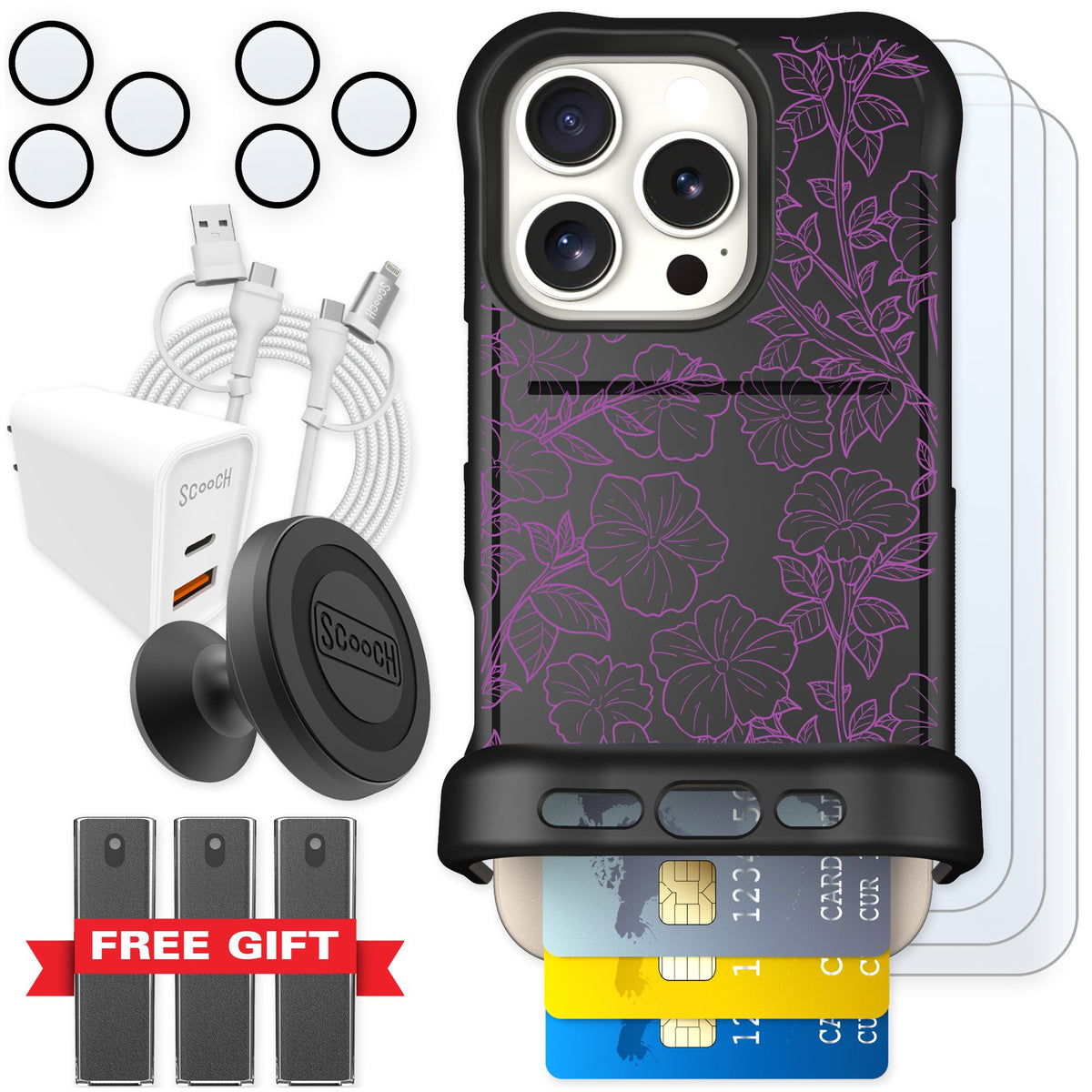 Scooch Wingmate Purple Petunias for iPhone 16 Pro — Ultimate Bundle