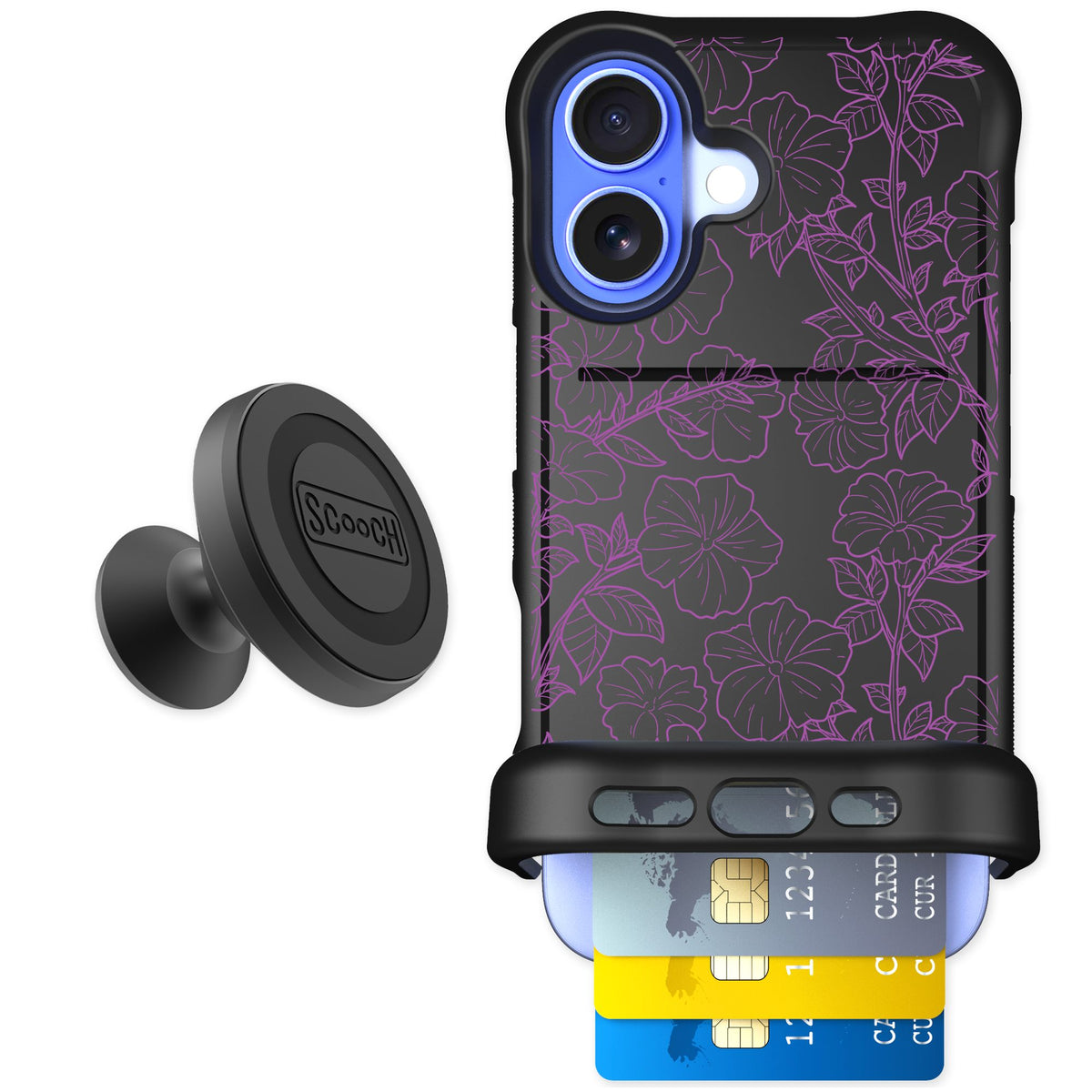 Scooch Wingmate Purple Petunias for iPhone 16 — Starter Bundle