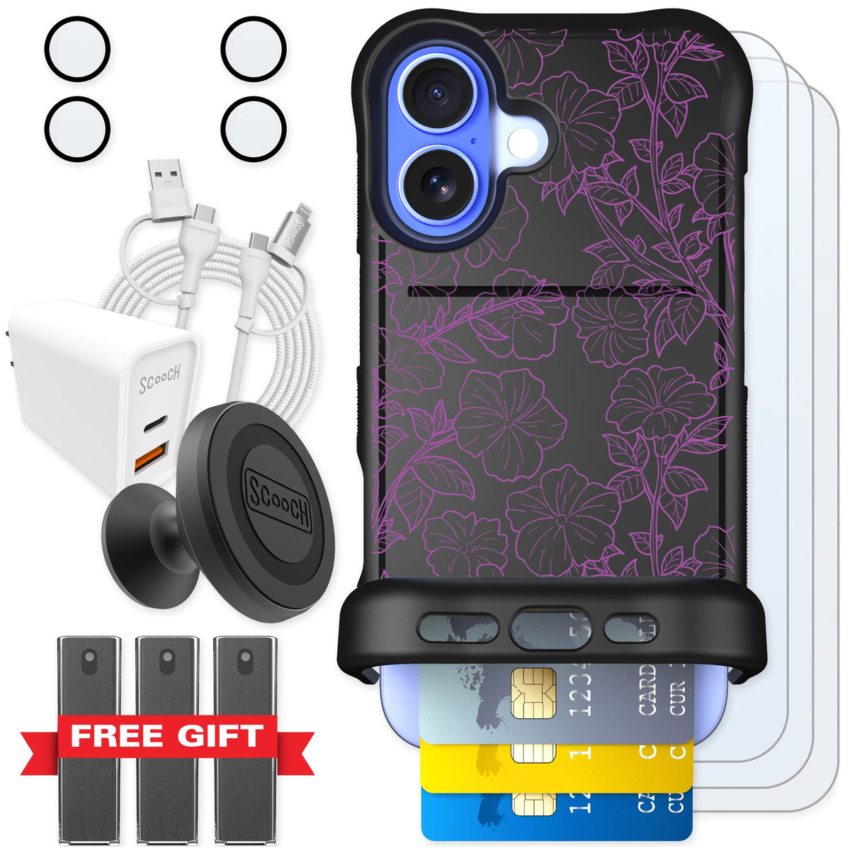 Scooch Wingmate Purple Petunias for iPhone 16 — Ultimate Bundle
