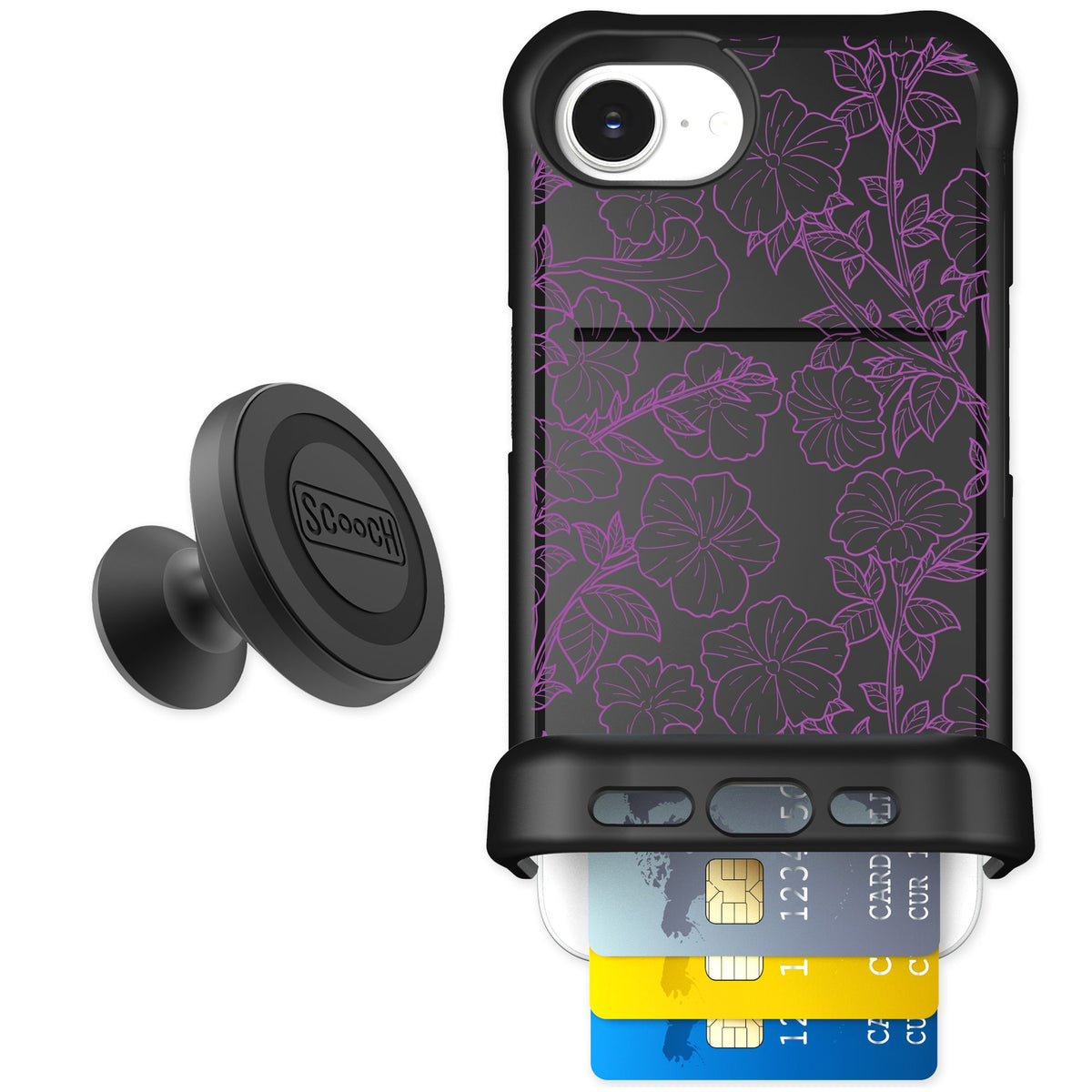 Scooch Wingmate Purple Petunias for iPhone 16e — Starter Bundle