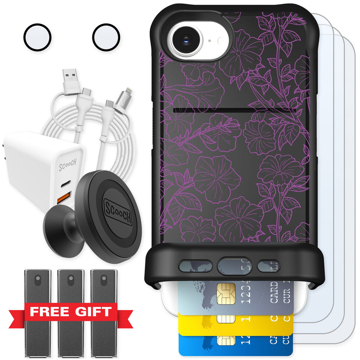 Scooch Wingmate Purple Petunias for iPhone 16e — Ultimate Bundle