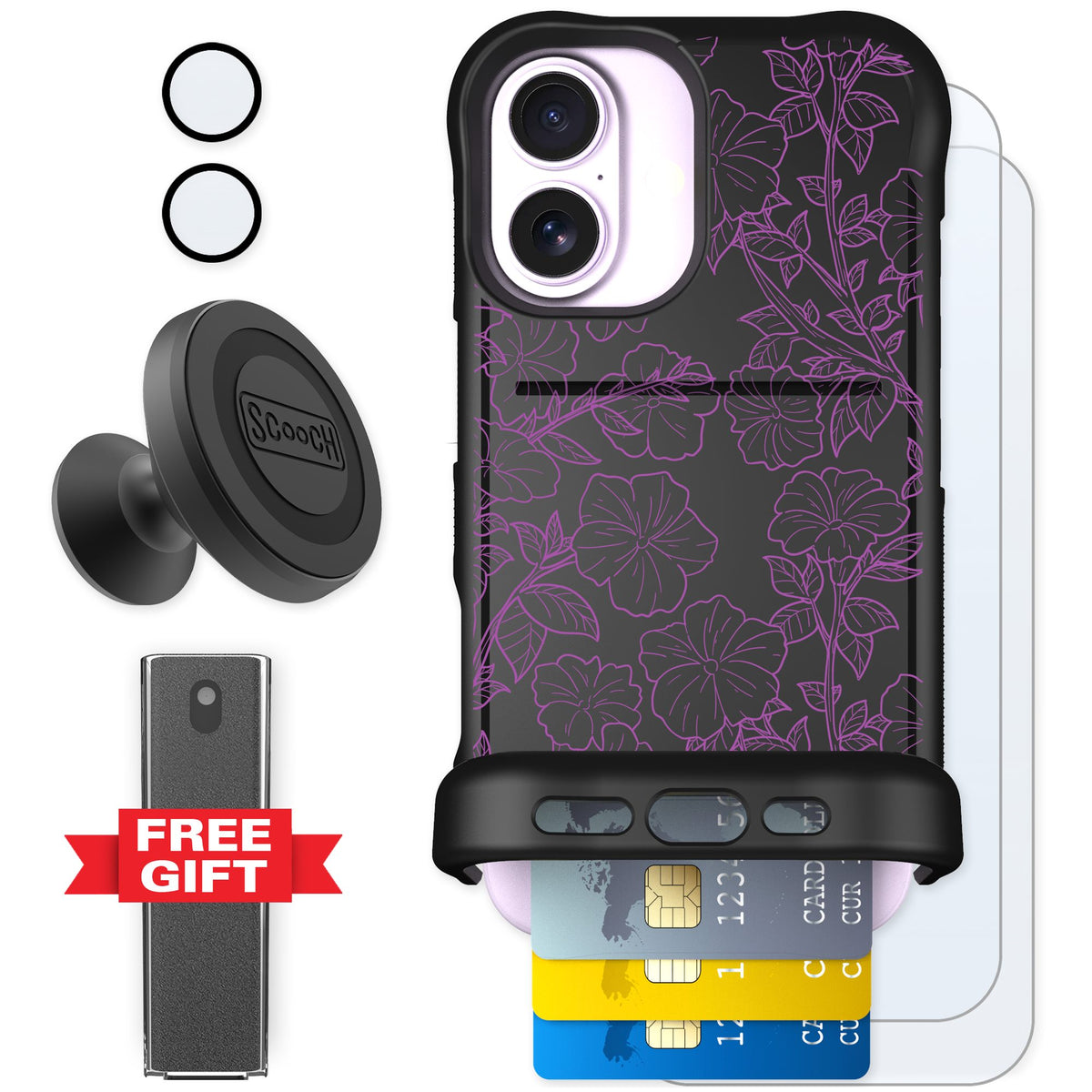 Scooch Wingmate Purple Petunias for iPhone 17 — Defender Bundle