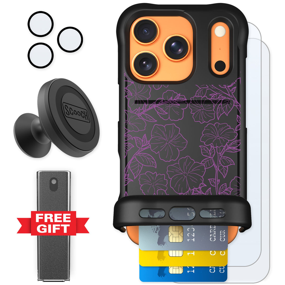 Scooch Wingmate Purple Petunias for iPhone 17 Pro — Defender Bundle