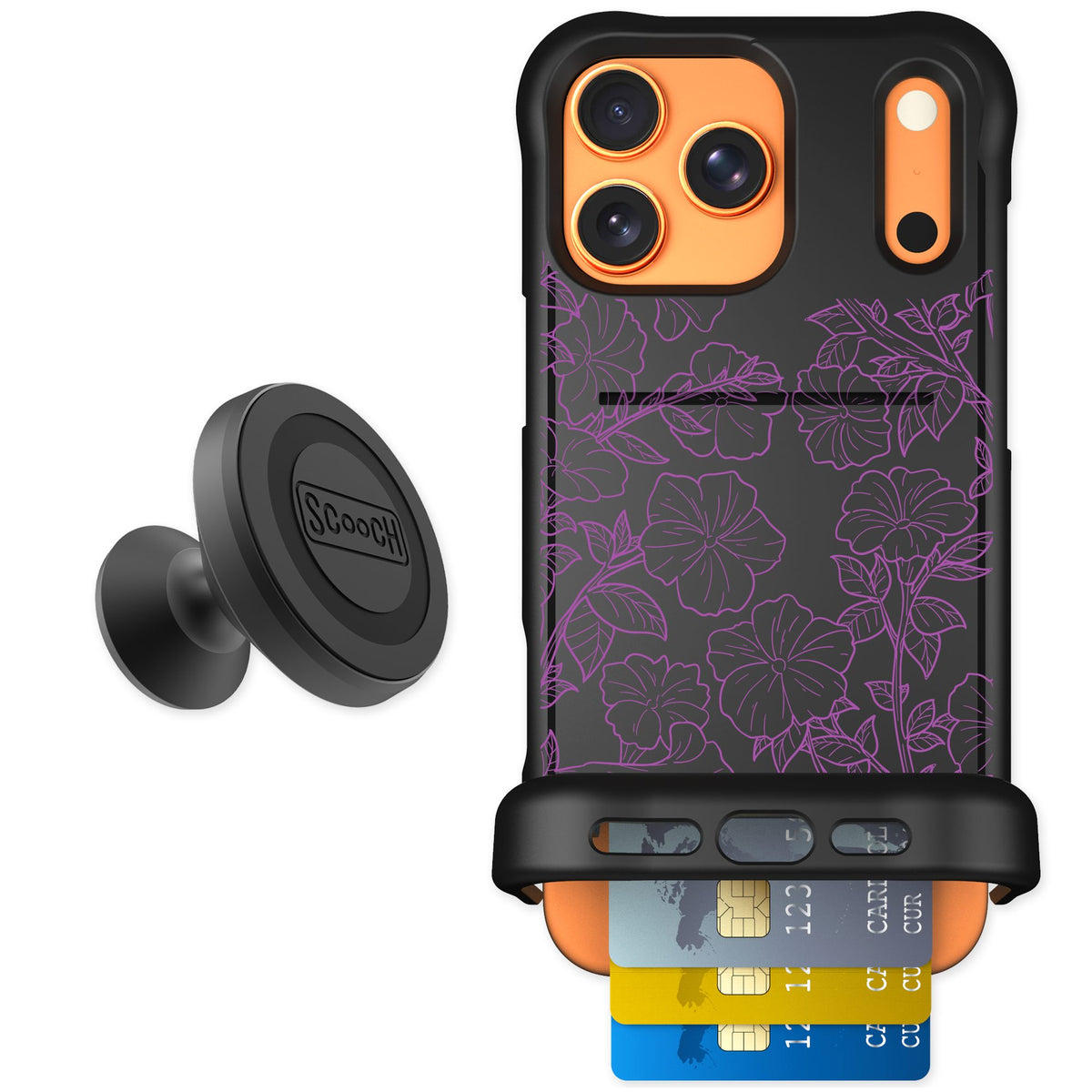 Scooch Wingmate Purple Petunias for iPhone 17 Pro Max — Starter Bundle