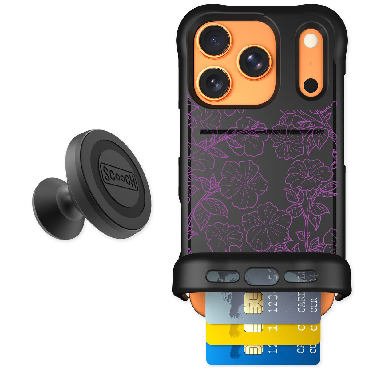 Scooch Wingmate Purple Petunias for iPhone 17 Pro — Starter Bundle