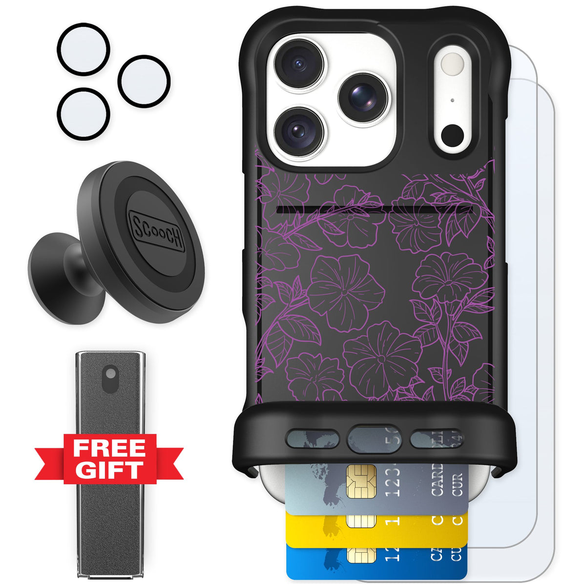 Scooch Wingmate Purple Petunias for iPhone 18 Pro — Defender Bundle