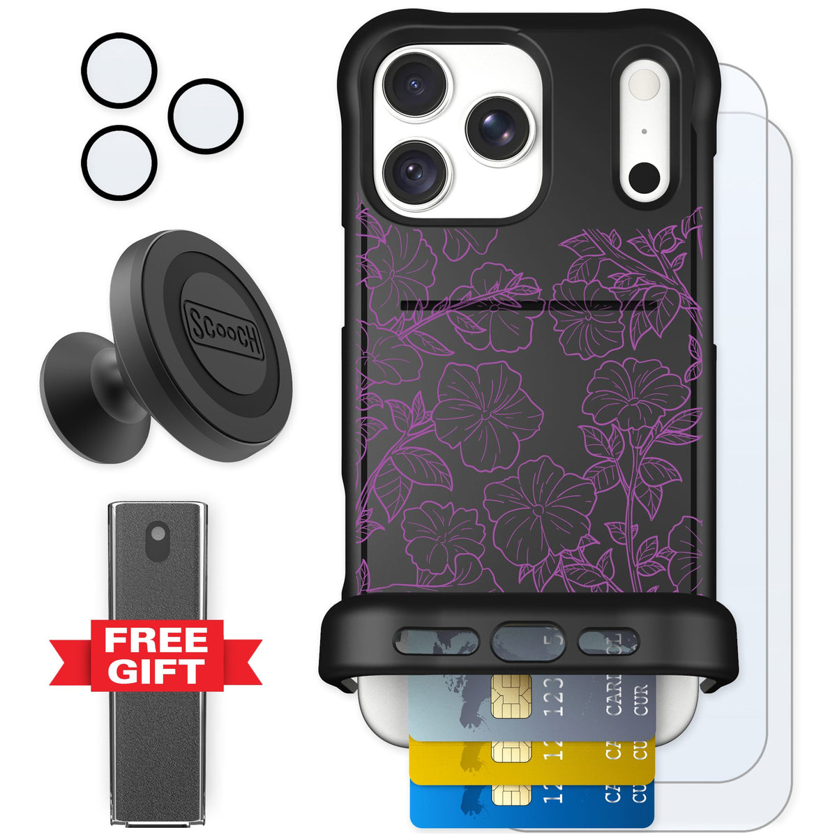 Scooch Wingmate Purple Petunias for iPhone 18 Pro Max — Defender Bundle