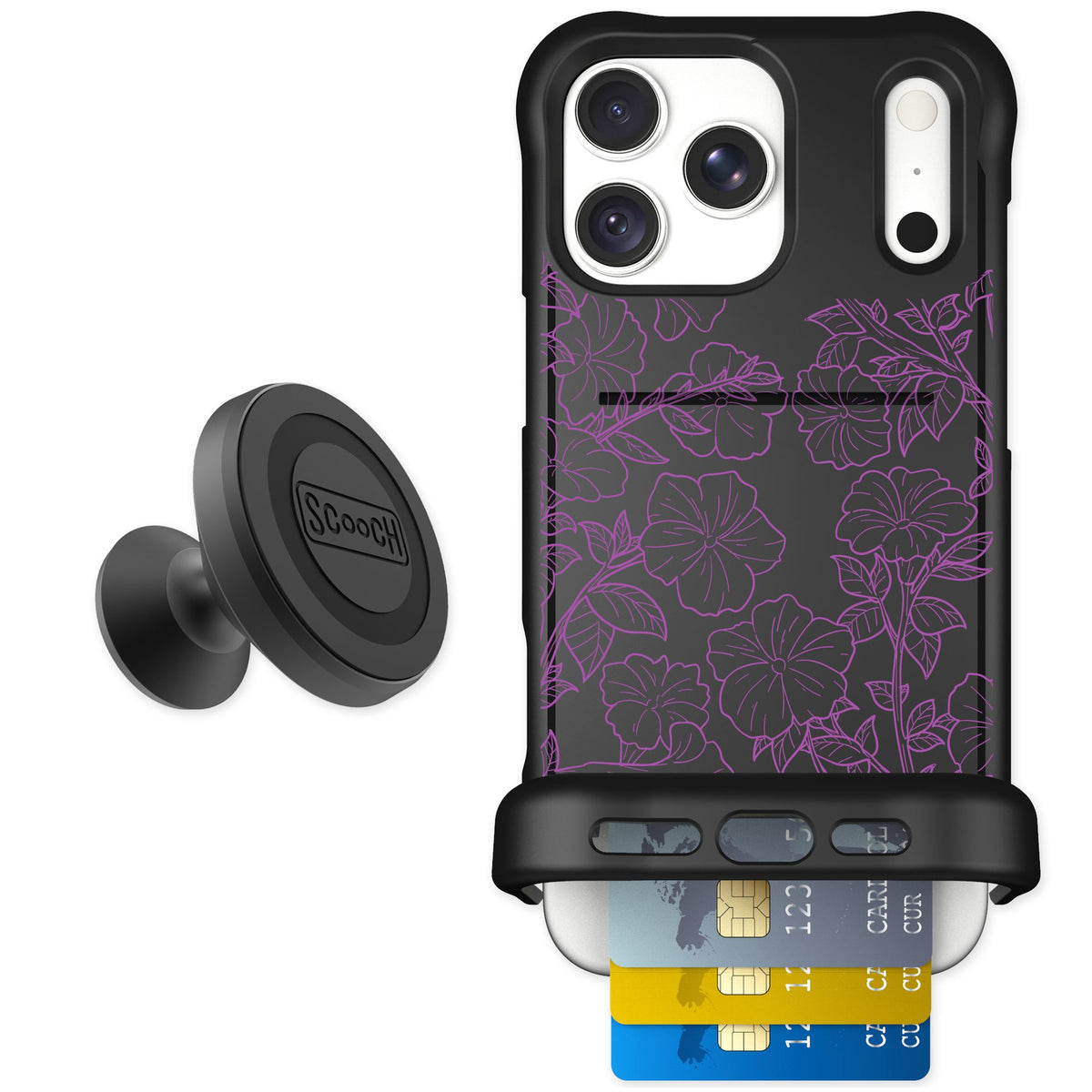 Scooch Wingmate Purple Petunias for iPhone 18 Pro Max — Starter Bundle