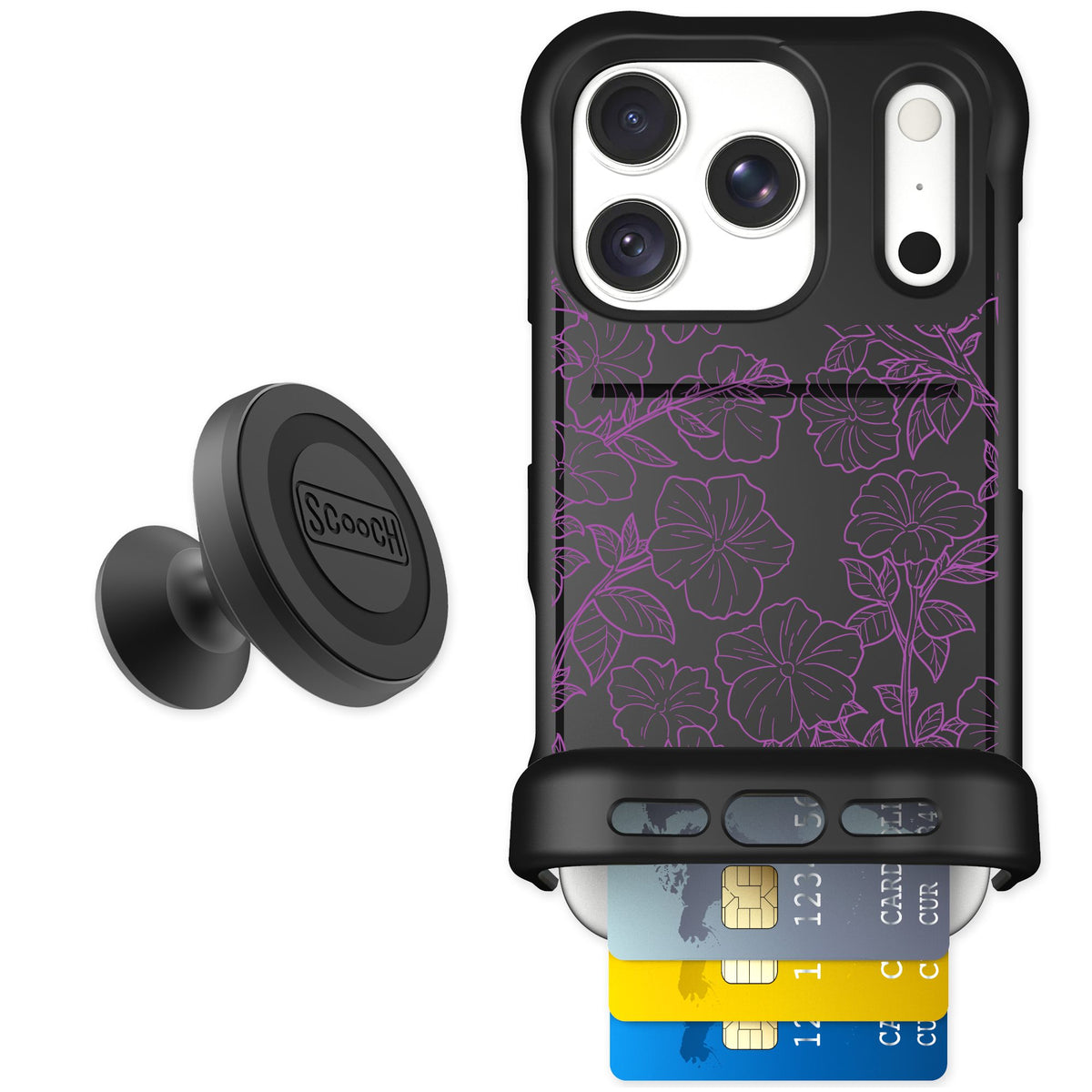 Scooch Wingmate Purple Petunias for iPhone 18 Pro — Starter Bundle