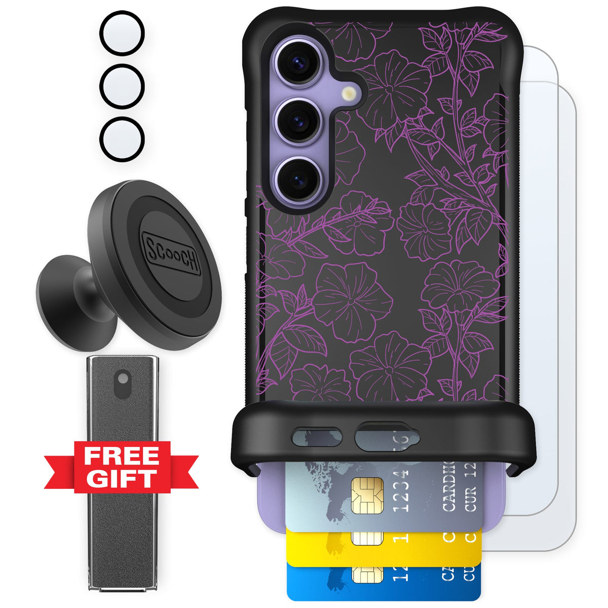 Scooch Wingmate Purple Petunias for Galaxy S24 — Defender Bundle