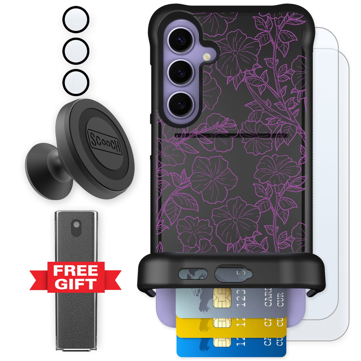Scooch Wingmate Purple Petunias for Galaxy S24+ — Defender Bundle